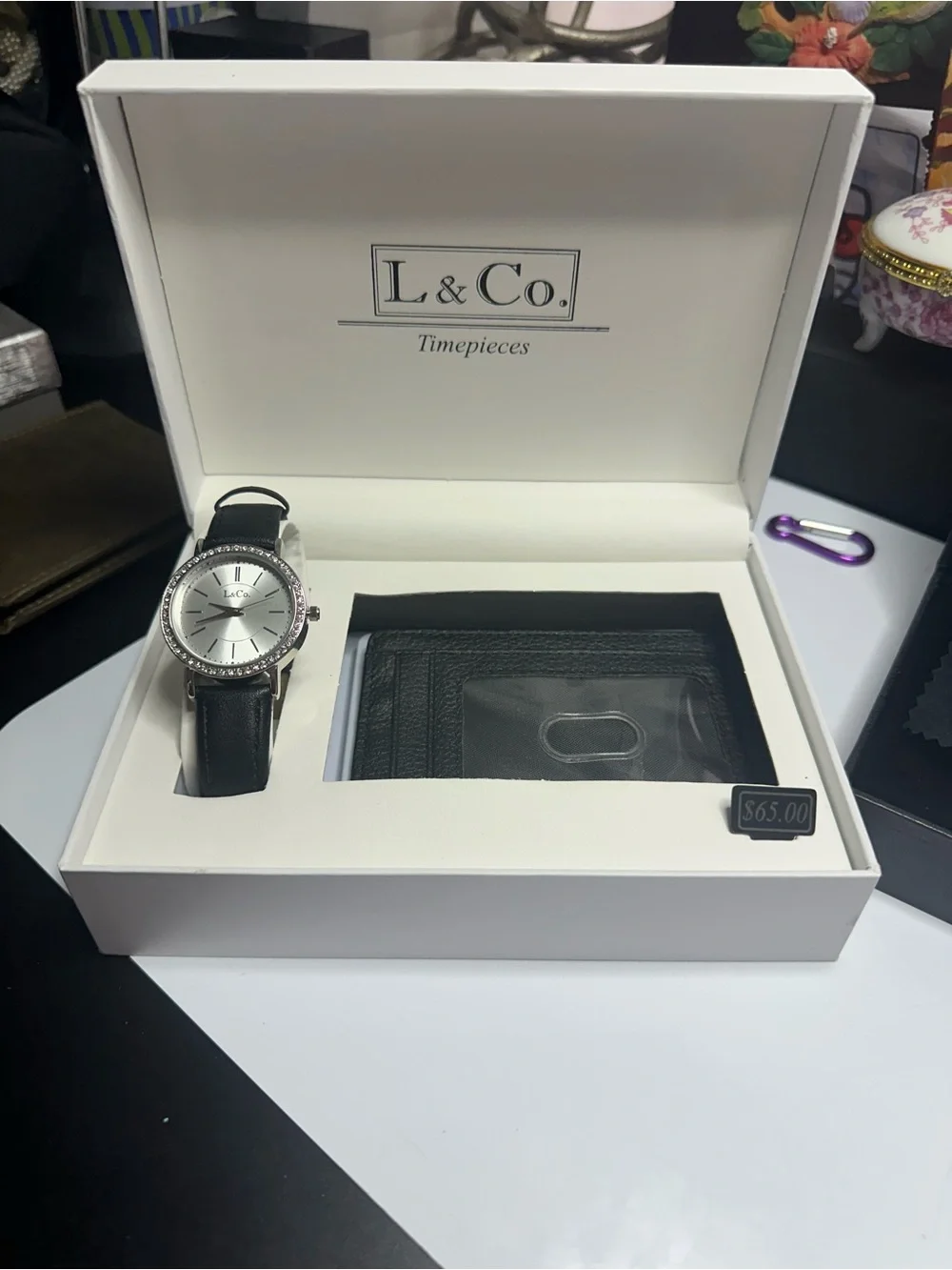 Women's Black Leather Watch with Crystal Bezel with wallet